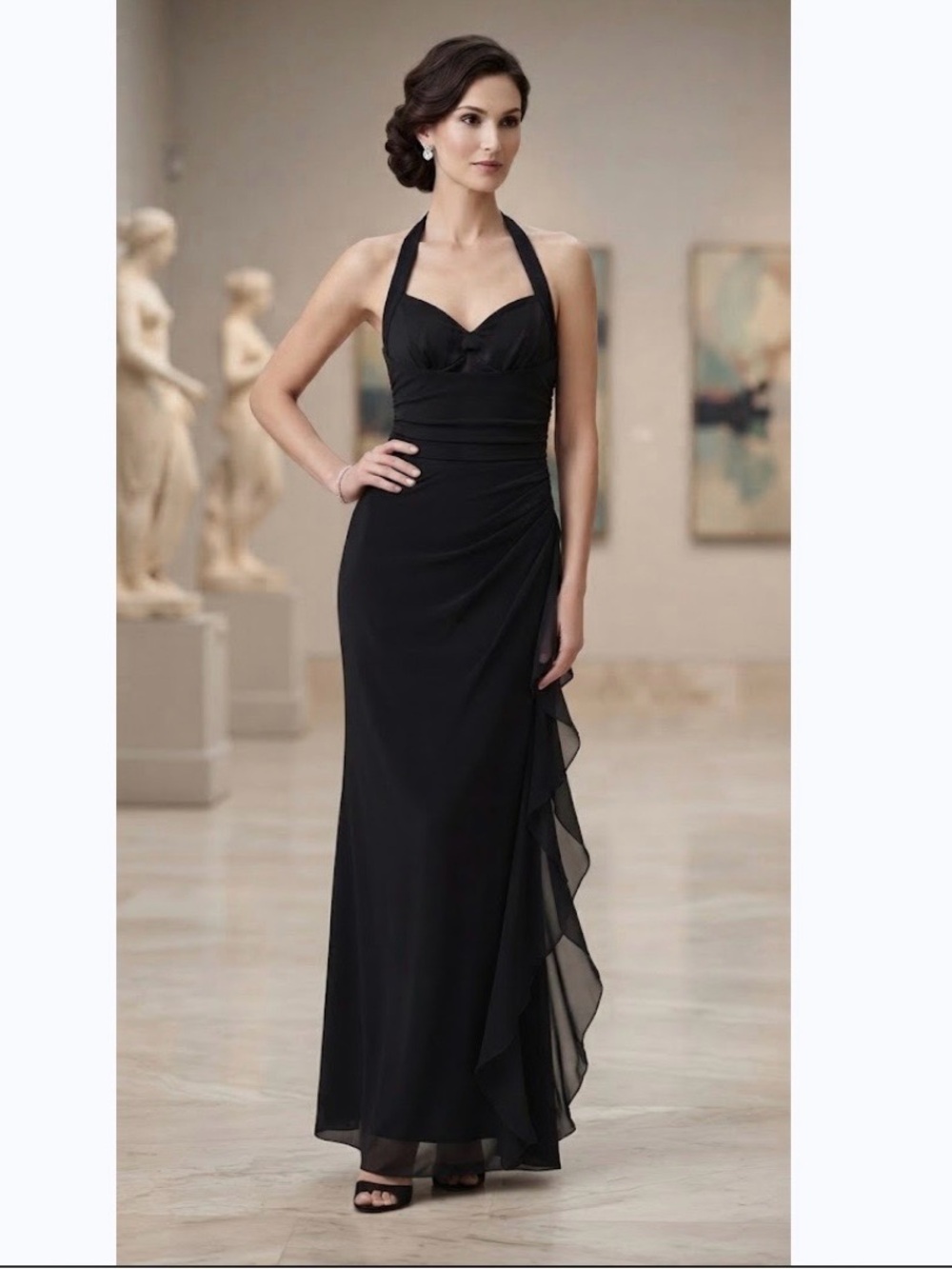 Niki Lavis Black One-Shoulder Halter Evening Dress size 6